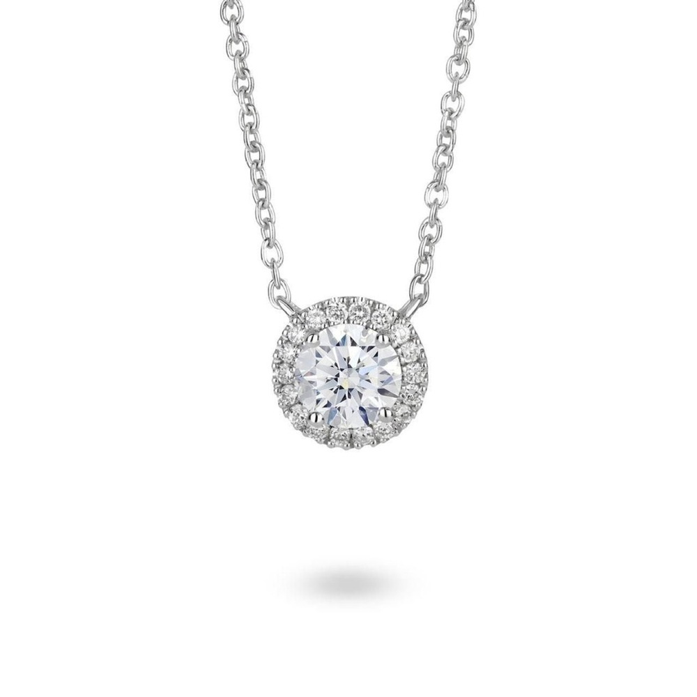 Diamond Halo Pendant Necklace 16" - Round Brilliant 1.0 ctw